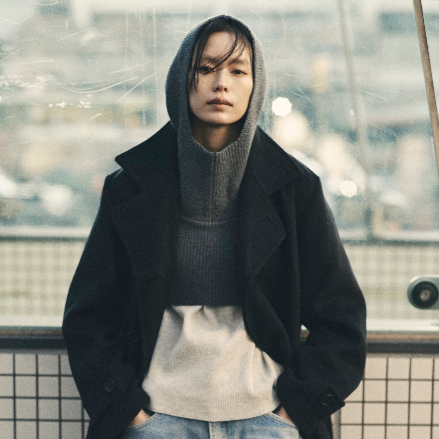 KNIT HOODIE TOPS (NAVY)