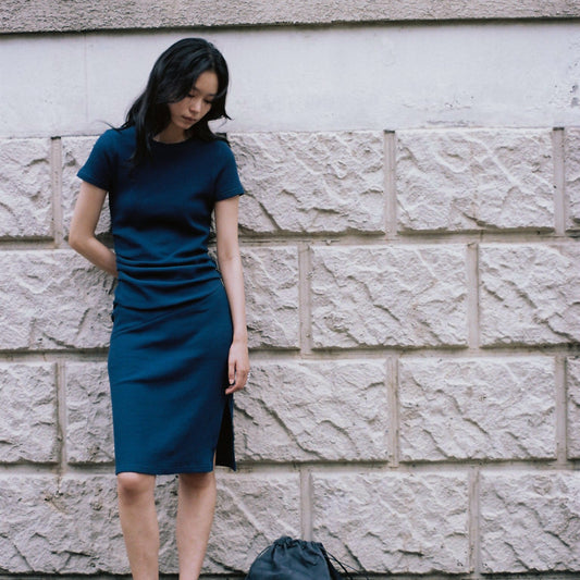 THERMAL GATHER DRESS (NAVY)