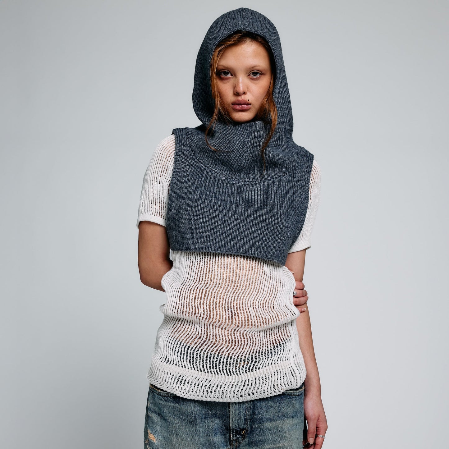 KNIT HOODIE TOPS (NAVY)